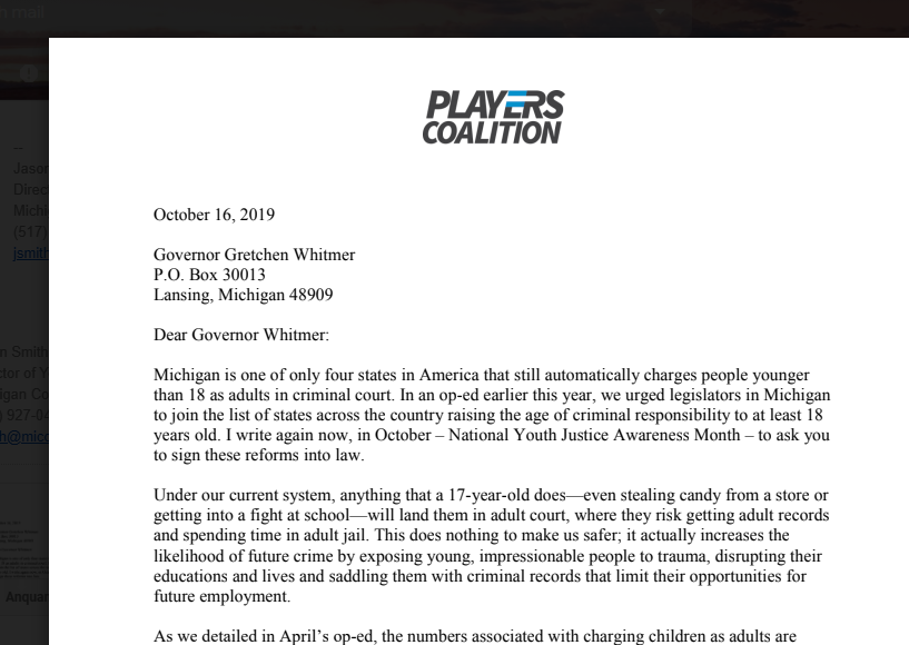 We're grateful for <a href="/AnquanBoldin/">Anquan Boldin</a> and the <a href="/playercoalition/">PlayersCoalition</a> for speaking out in support of Raise The Age! Check out his letter to <a href="/GovWhitmer/">Governor Gretchen Whitmer</a>, urging the passing of this important legislation, below. #raisetheagemi