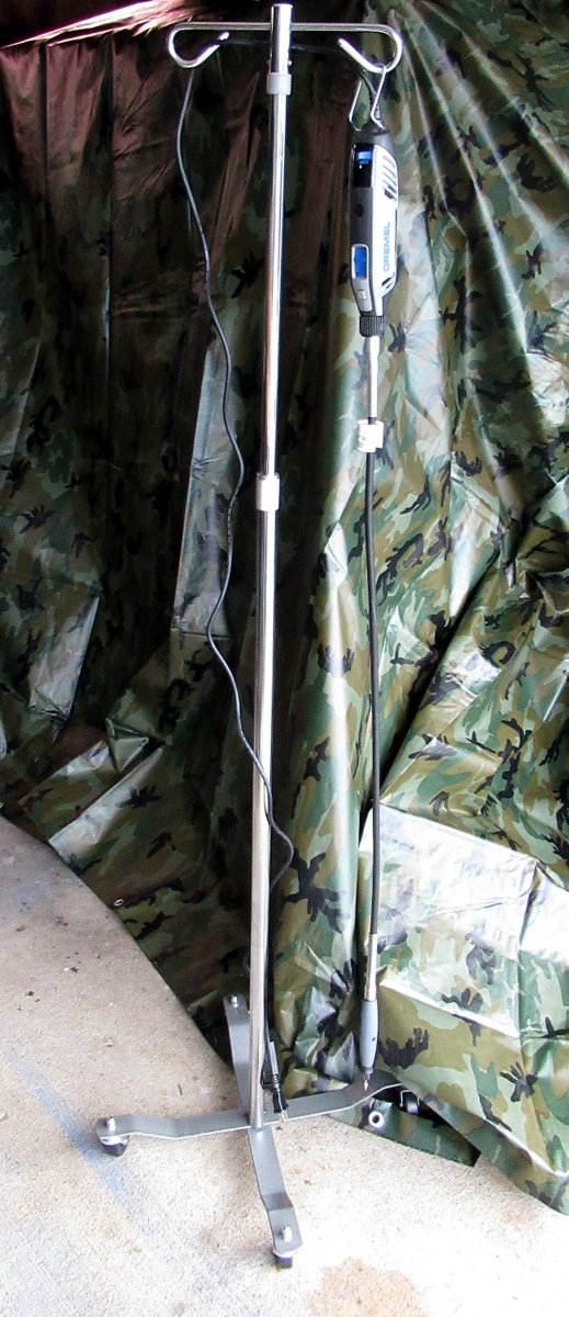 ProToolNut's tweet image. My genius solution, using a medical adjustable IV pole as a Dremel stand!