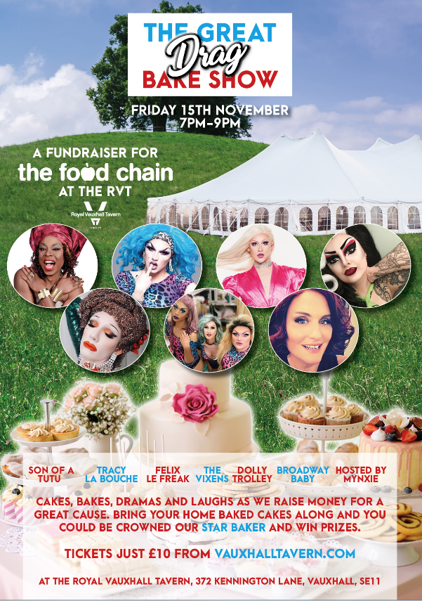 TheFoodChain's tweet photo. Friday 15th November @thervt A special fundraiser for @TheFoodChain with @SonofaTutu @TheVixensUK @mynxie666 @felixlefreak @TracyLaBouche @dollytrolleydq and broadway Baby Txs from ยฃ10 from https://t.co/JrbspATQeV.
Thanks to @ChrisJepson for the poster.
#SaveTheFoodchain
#bakeoff https://t.co/bbNvd22Dn2