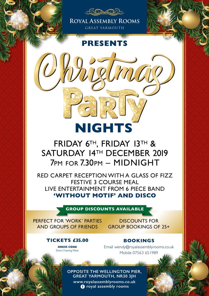 RoomsRoyal's tweet photo. ****STOP PRESS****
Due to a cancellation, we now have 20 tickets available for our popular Christmas Party Night on Friday 6th December.

Contact: wendy@royalassemblyrooms.co.uk for details https://t.co/RDKXxFnjLu
