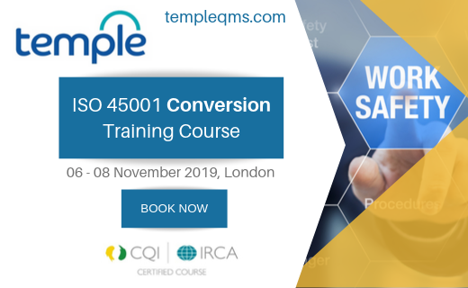 Temple_QMS's tweet photo. Join us in London for our CQI AND IRCA ISO 45001 OH&amp;S Auditor Conversion course. 
To discuss your training requirements call now on 0121 779 3337 
#iso  #audit #ohms #compliance #risk #training #besafe #hse #onstruction  #safetytraining #iso45001 #WorkplaceSafety #CQI #IRCA https://t.co/csdoIlAlDu