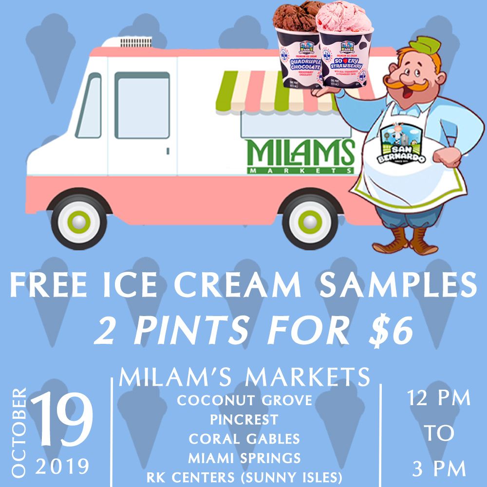 SBIceCream's tweet photo. One more San Bernardo Ice Cream tasting! Find us at these @MilamsMarkets locations on Saturday, October 19th for FREE all-natural #SBIcecream samples and purchase 2 PINTS FOR ONLY $6! 20% less fat, sugar and calories than other premium brands! It does not get sweeter than that! https://t.co/RCenz6b6BZ