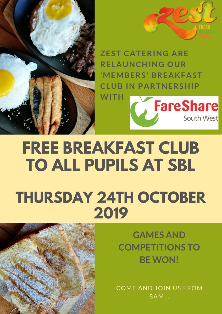 Coming next week <a href="/SBLAcademy/">SBL Academy</a> 
Free breakfast for all pupils from 8am Thursday 24th October as a re-launch of our members breakfast, supported by <a href="/FareShareSW/">FareShare South West</a> ! 
Come along and sample the delights..