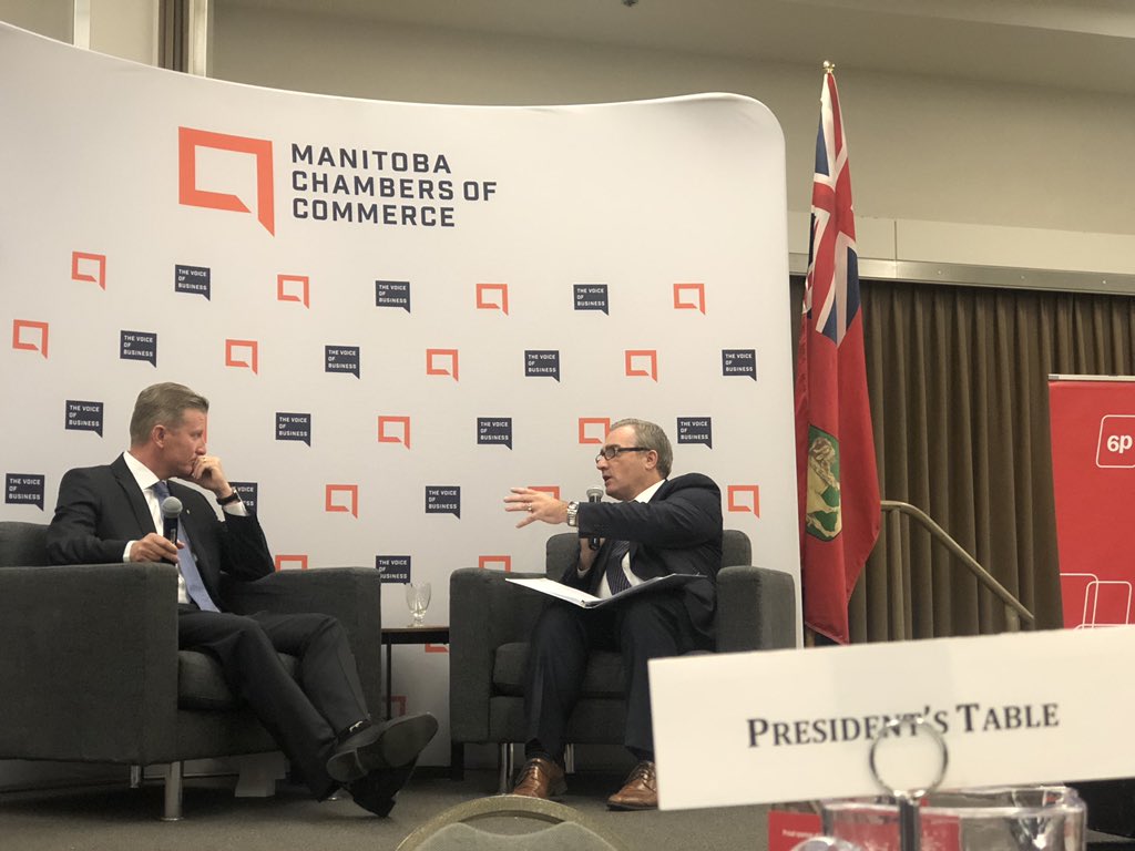JamesTeitsma's tweet photo. At the MBIZ Breakfast Series hearing MPI CEO Ben Graham having a lively chat with @Davidson_Chuck from the @mbchambersofcom. 

Ben is focused on improving transparency and customer focus at MPI. #mbpoli https://t.co/eIUfDz9wCv