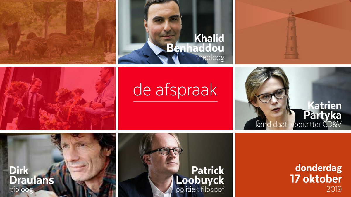 Vanavond in #deafspraak om 20u30 op @canvastv
<a href="/katparty/">katrien partyka</a> komt naar voren als kandidaat-voorzitter voor <a href="/cdenv/">cd&v</a> 
Is de verlichting verdwaald? Een gesprek met <a href="/PLoobuyck/">Patrick Loobuyck</a> en <a href="/BenKhalud/">Khalid Benhaddou</a> 
1 ongeval, 19 dode everzwijnen. Hoe pakken we het aan? Dirk Draulans