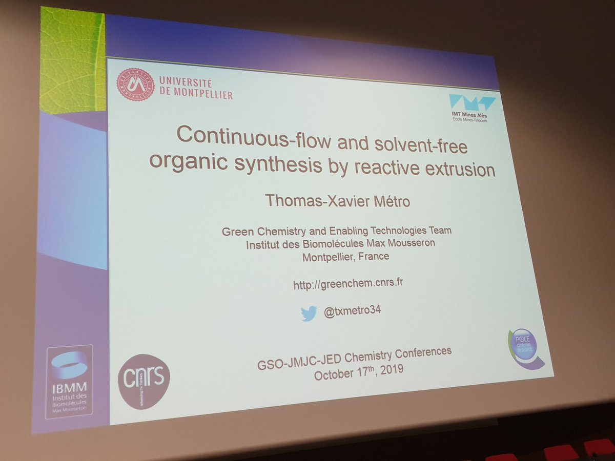 @txmetro34 is on stage to talk about #continuous and #solventfree organic synthesis <a href="/JMJC_RJSCF/">JMJC 2019</a> <a href="/scf_om/">SCF-OM</a> @reseauSCF 
#mechanochemistry #reactiveextrusion #RealTimeChem #greenchemistry