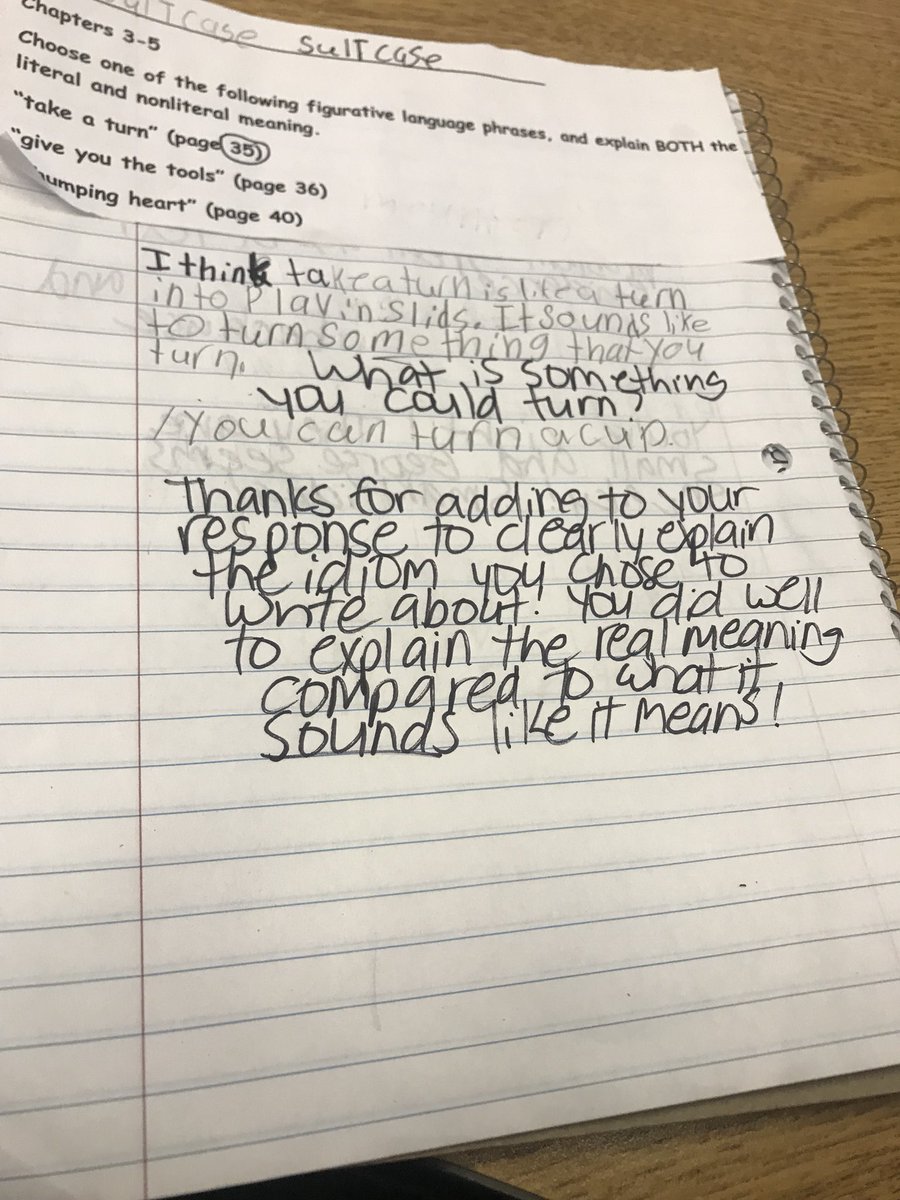 kf410berry's tweet photo. I love guided writing days in #JanRichardson plans! Today students had the opportunity to choose an idiom from the chapter book we’re reading and explain the literal and figurative meaning! #studentchoice #processfeedback @eastfieldglobal https://t.co/Z2XPBHagSc