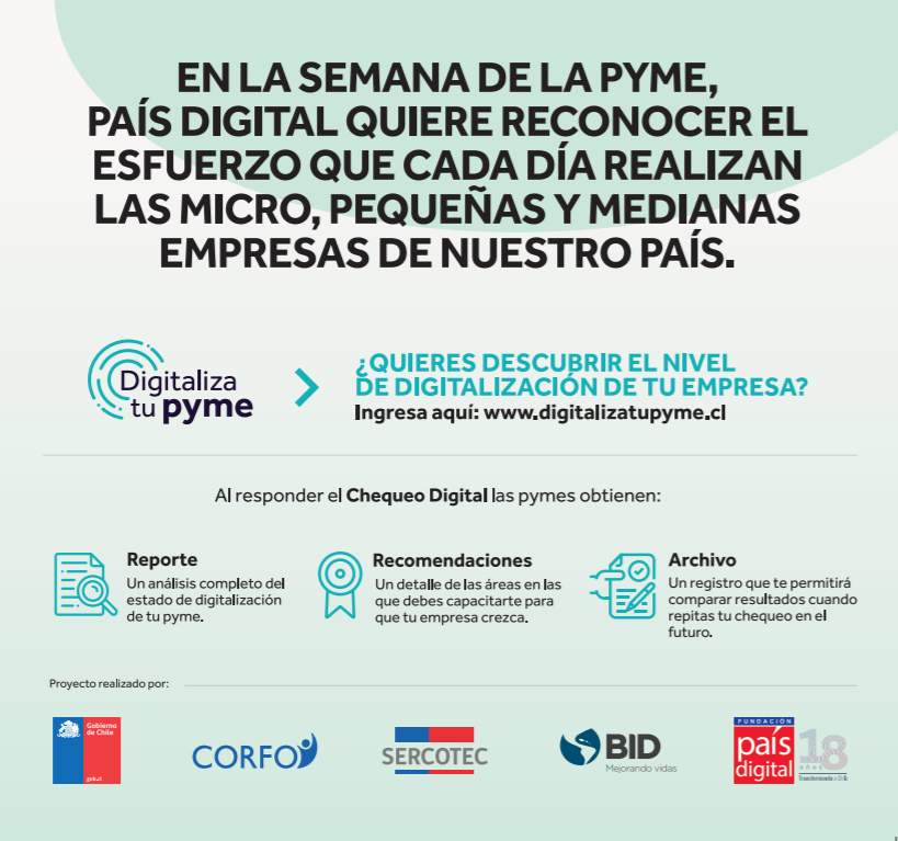 fpaisdigital's tweet photo. En #LaSemanaDeLaPyme, @fpaisdigital quiere reconocer el esfuerzo que cada día realizan las micro, pequeñas y medianas empresas de nuestro país. Así también invitarlos a participar del #ChequeoDigital para descubrir el nivel d madurez digital de tu empresa:
https://t.co/OuZosqTzYy https://t.co/hquuT0bmnl