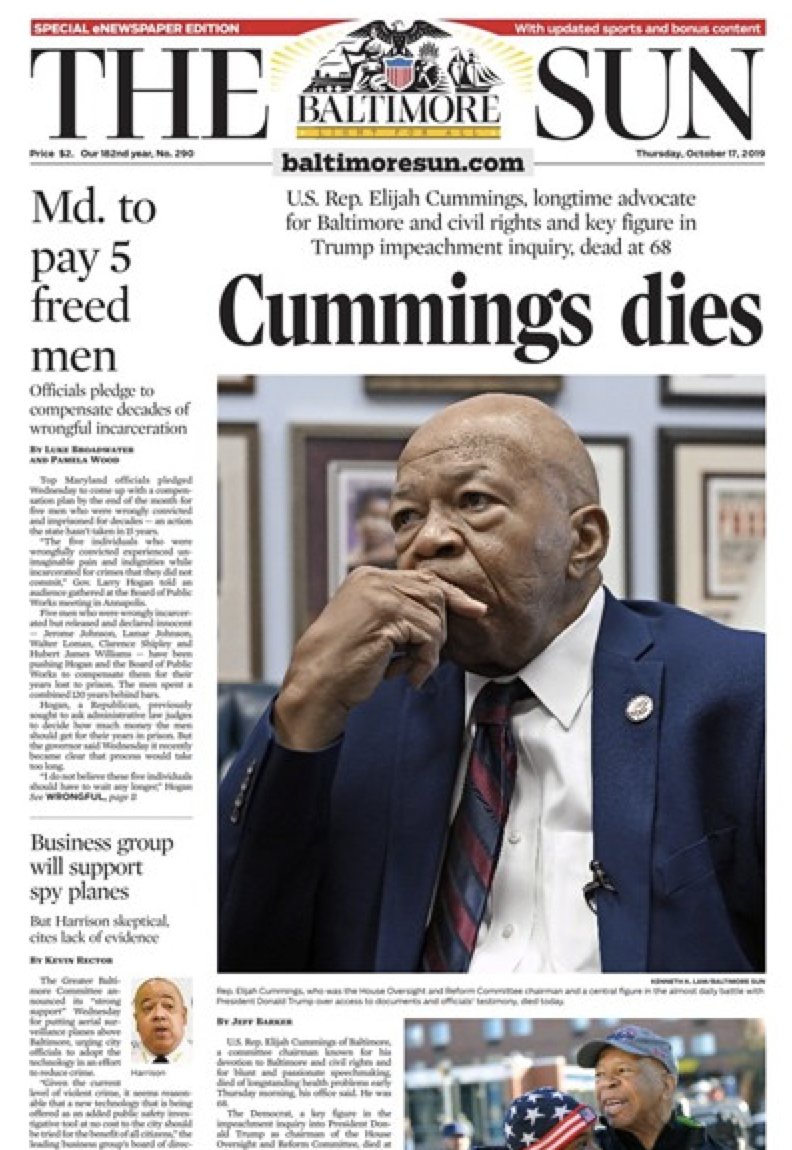 baltimoresun's tweet photo. Baltimore Democrat @RepCummings, known for his devotion to his community and civil rights, has died of longstanding health problems early Thursday. Read more in today's full newspaper at at https://t.co/lQvCiI1PsJ. https://t.co/210LYPSdlB