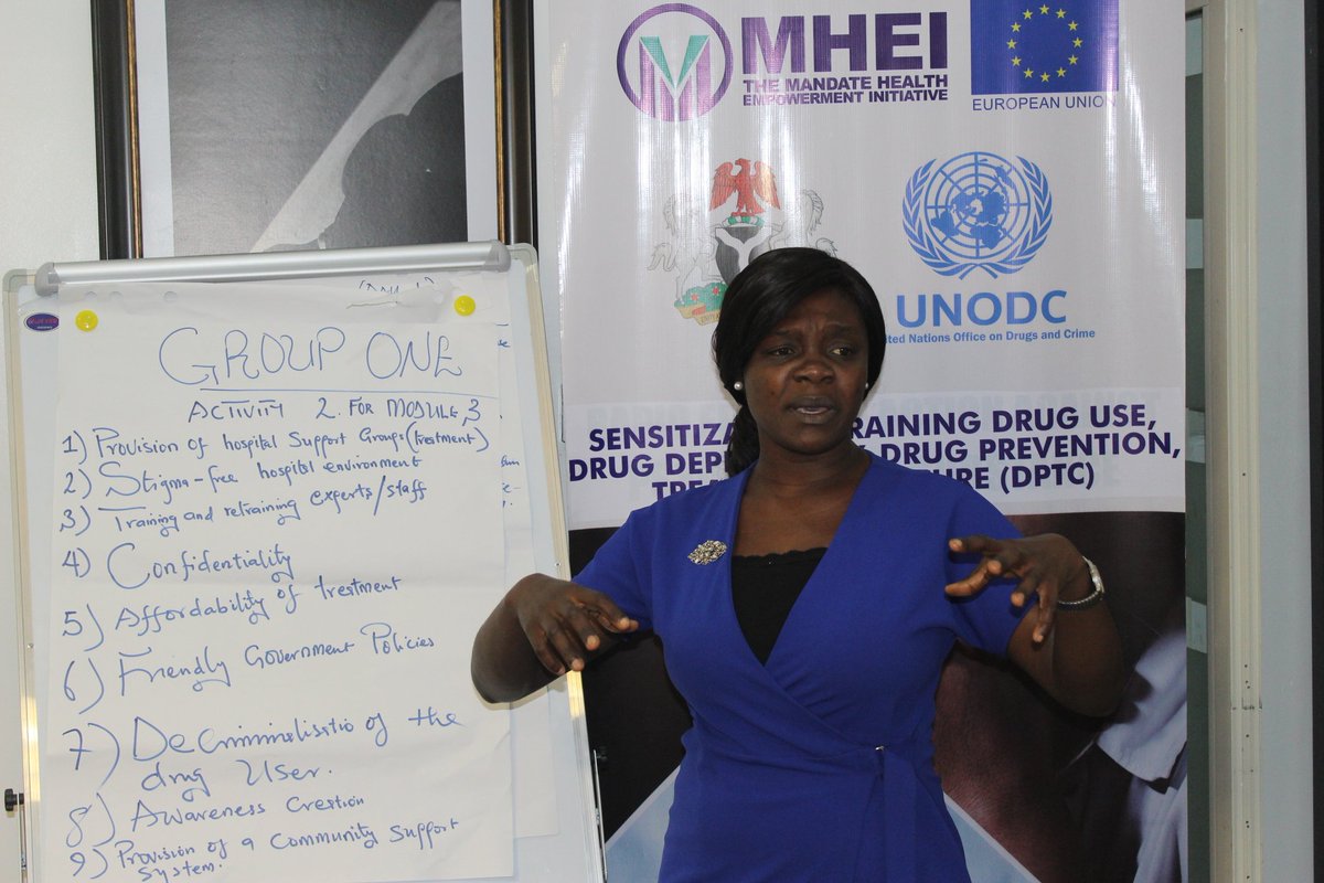 #UNODCDPTCtrainingformedia
#GroupActivity

1. Changes that can be made to hospital-based drug treatment programmes.
2. Key messages about interventions for #drugusers

@UNODC @EU_Commission @Fmohnigeria @ndlea_nigeria @NigeriaGov @NGRSenate @official_IYO @NTANewsNow @channelstv