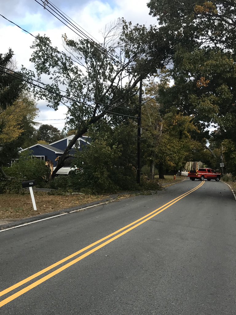 Whitman Firefighters responding to multiple storm related incidents overnight into this morning.  Pictured:  a tree onto an unoccupied vehicle on Temple St, as well as a tree onto wires on High St.