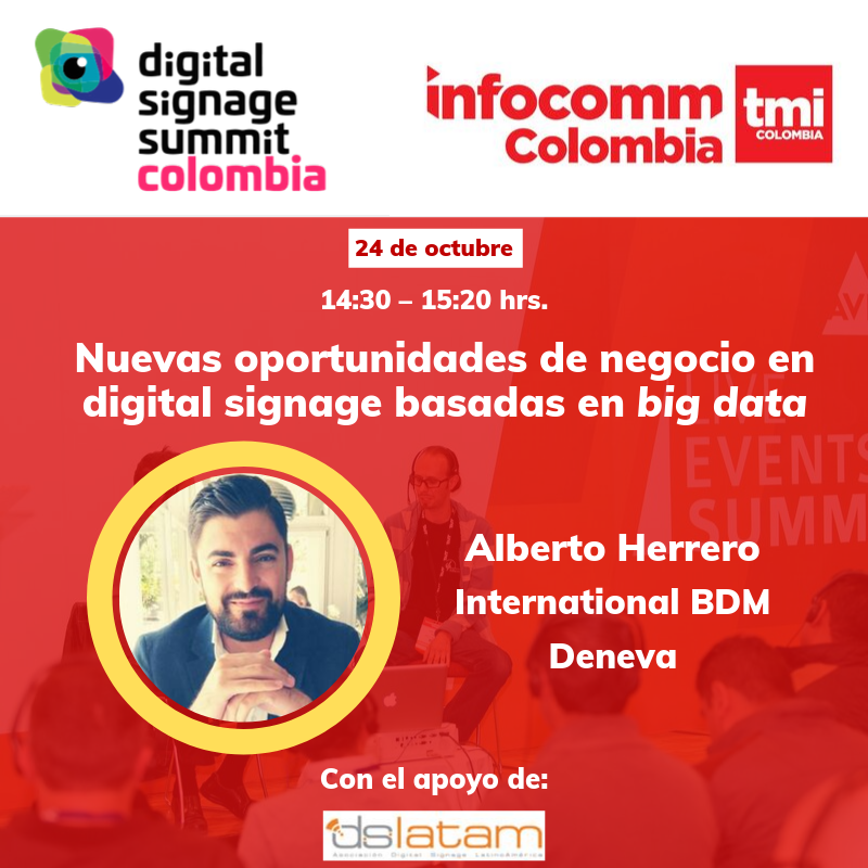 DenevaDS's tweet photo. Sólo quedan 7 días para que dé comienzo el #DigitalSignageSummit en @InfoCommLatam #Colombia Nuestro compañero @Alherma desvelará todas las oportunidades del #DigitalSignage asociadas al #BigData ¡No te lo pierdas! https://t.co/TRW1gxx4RM https://t.co/qiPefQZ6Jq