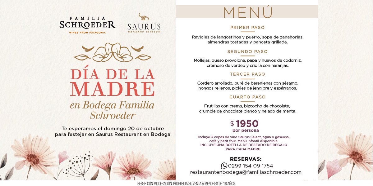Te esperamos el domingo 20 de octubre para festejar el día de la madre con este exclusivo menú en Saurus Restaurant en Bodega!