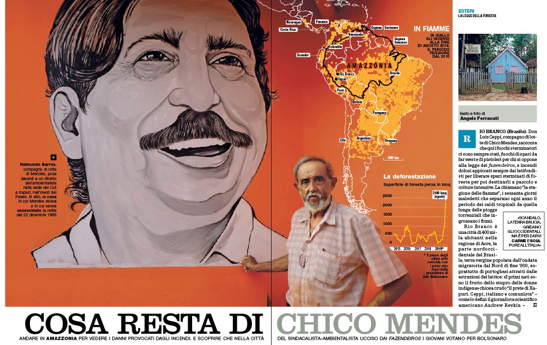 Il Venerdì di Repubblica (@ilvenerdi) on Twitter photo Viaggio nell'Amazzonia che brucia, sulle tracce di Chico Mendes, il sindacalista ambientalista che i giovani hanno dimenticato. Il reportage dal Brasile di <a href="/Ferracut/">Angelo Ferracuti</a>. Domani su #ilVenerdì di <a href="/repubblica/">Repubblica</a> in edicola Viaggio nell'Amazzonia che brucia, sulle tracce di Chico Mendes, il sindacalista ambientalista che i giovani hanno dimenticato. Il reportage dal Brasile di <a href="/Ferracut/">Angelo Ferracuti</a>. Domani su #ilVenerdì di <a href="/repubblica/">Repubblica</a> in edicola