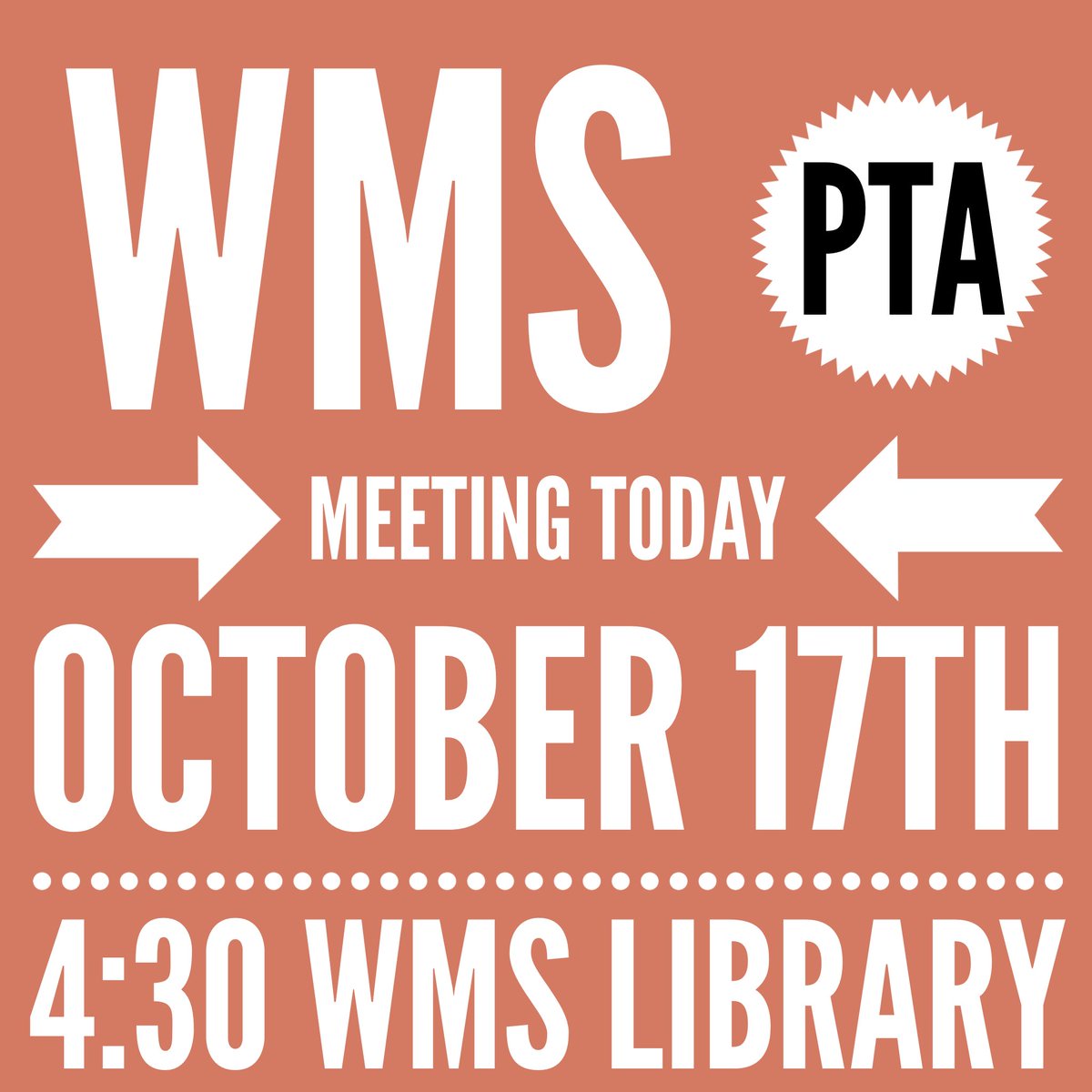 WMS_PTA's tweet photo. WMS PTA Meeting TONIGHT!! 
Join us at 4:30PM in the WMS Library. All are invited!! Hope to see you there! #wmspta #supportwms https://t.co/xtYd58LGrK
