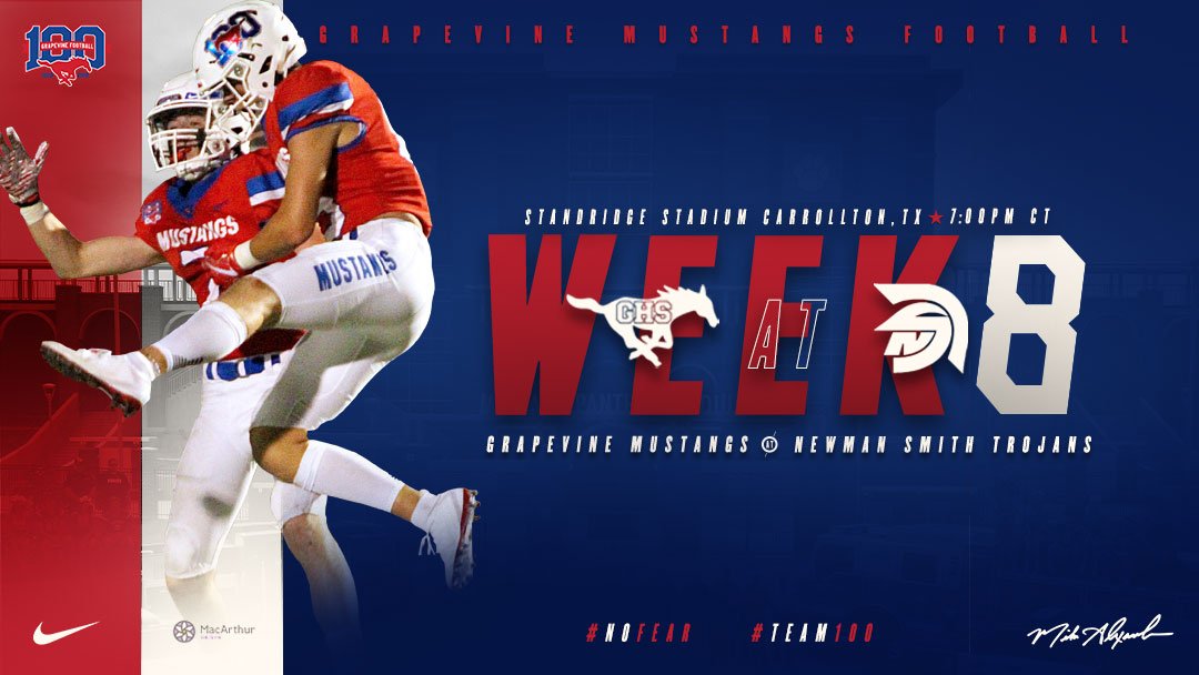 GHSMustangsFB's tweet photo. Week 8 at Newman Smith tomorrow night! Hope to see everyone there! Good luck to the jv and freshman tonight! @CoachA_GHS #team100 #nofear https://t.co/jgDbX3eOv7