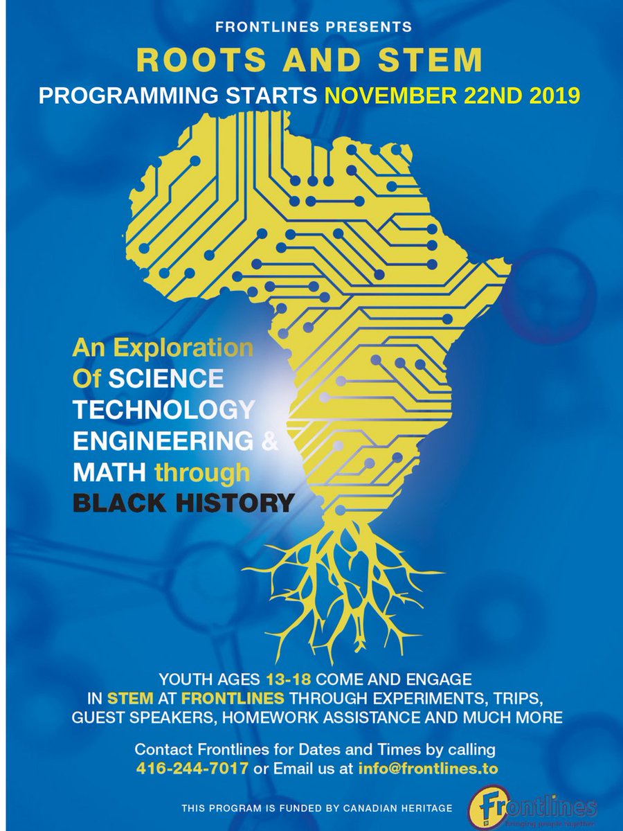frontlinesto's tweet photo. Roots & Stem is a program for youth ages 13-17 to explore science, technology, engineering and mathematics through Black History! Interested in learning more about Roots and STEM? Email us at info@frontlines.to or call us at 416-244-7017 #RootsAndSTEM #WestonFrontlines #STEM https://t.co/17ZWwXBsxu