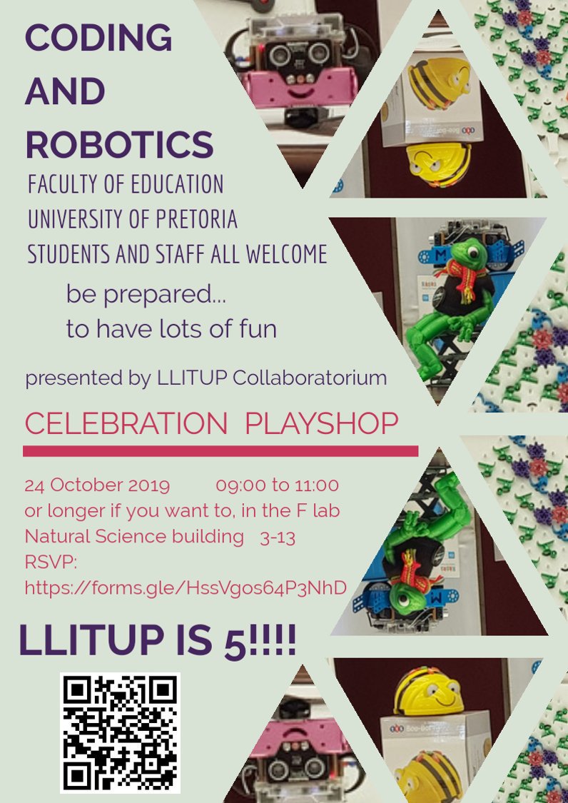 Educationtuks's tweet photo. Join the LLITUP for the Coding and robotics PlayShop. They will be turning 5 years #LLITUP
@MobileAtUP @FroggyLL @UPTuks https://t.co/nhRC55GyQ1