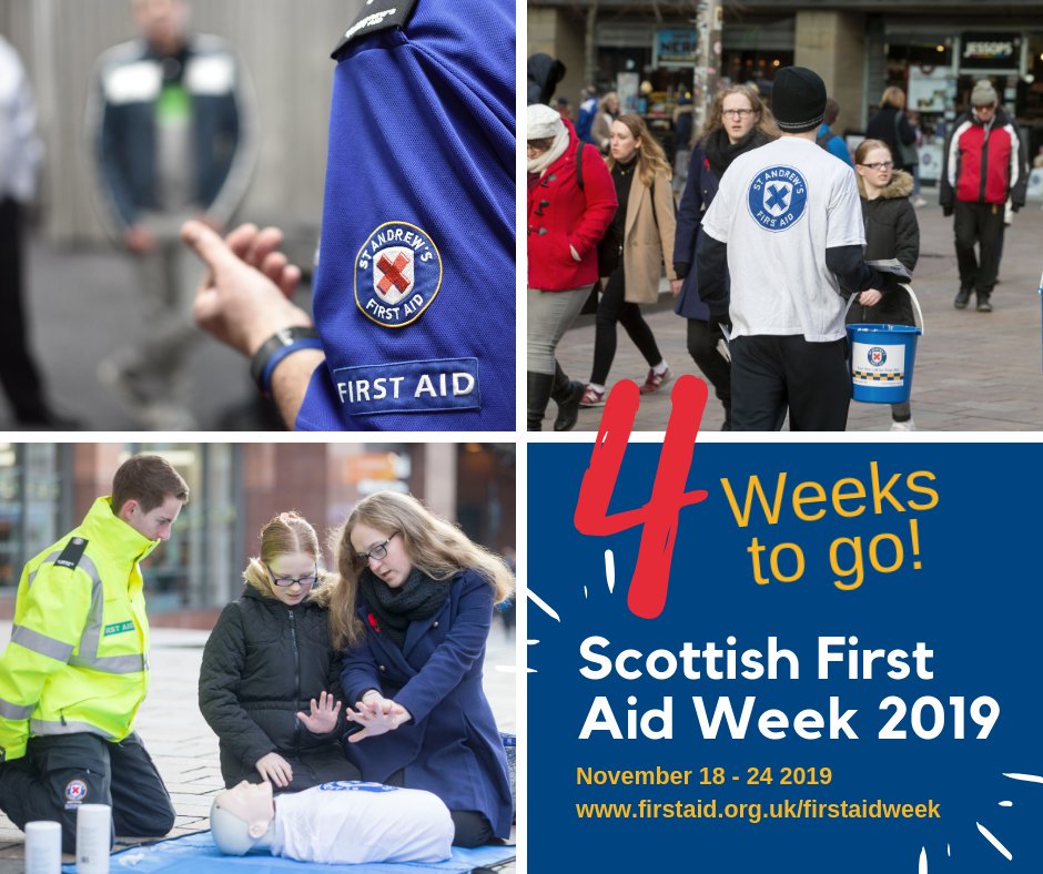 StAFirstAid's tweet photo. The countdown is on until 2019 Scottish First Aid Week!
This year’s theme is ‘First Aid for All’ and will continue our campaign to make basic first aid skills accessible at all community levels.  📅 Activity calendar 👉🏽https://t.co/bfEpNFT5eg
#FirstAidWeek https://t.co/59neI1arHQ