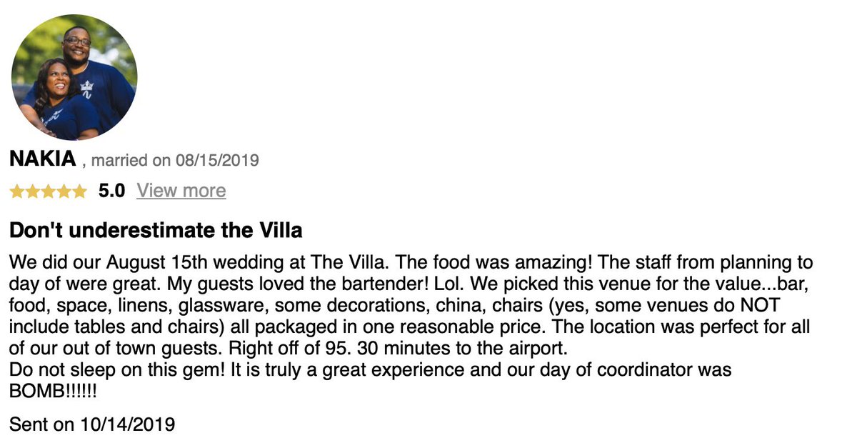 RayPereiraCBU's tweet photo. #Wedding #Review #TheVilla
@AnnePortellCBU @CateringUptown @WeddingWire @theknot #wedding #catering #venues https://t.co/Uqhs0LHQmA