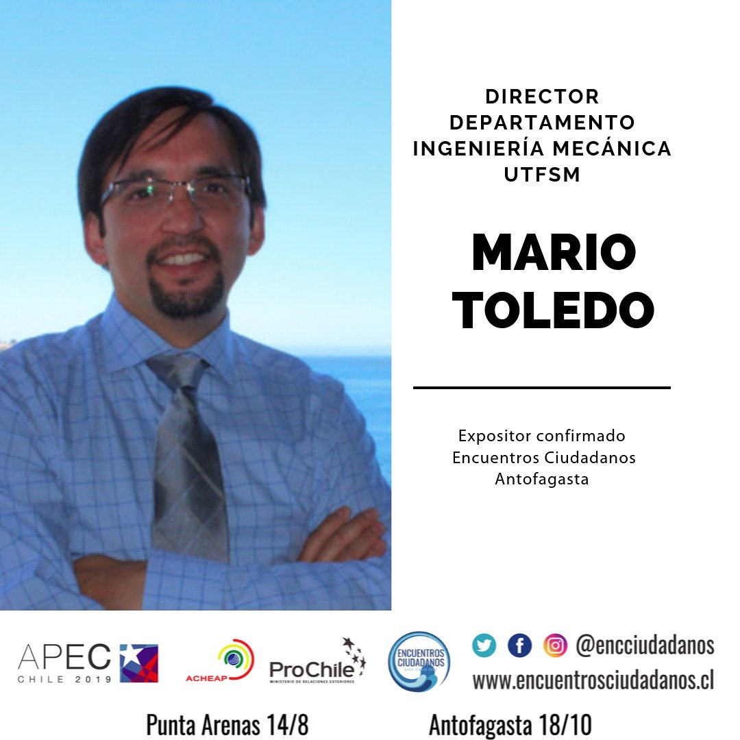 #Antofagasta
Expositor confirmado!!
#MarioToledo Director Depto Ing Mecánica USM
18 Octubre 08:30 horas Hotel Antofagasta.
Participa de #EncuentrosCiudadanos, inscríbete en bit.ly/2xIltoj
¡¡Los esperamos!!  #economiaoceanica #tecnología #mujer #energia #desarrollo #ernc