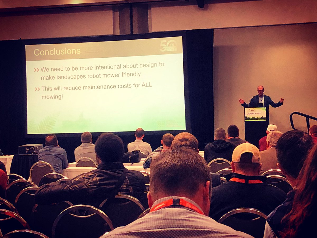 the_nalp's tweet image. Phil Allen, BYU studied #landscapes to determine top obstacles to #robotmowers :
1. Separated #lawn areas
2. Obstructions at lawn edges
3. Obstructions in lawns
His idea: Design maintenance-friendly landscapes to save $. #learnedatlandscapes #nalplandscapes #landscapes2019