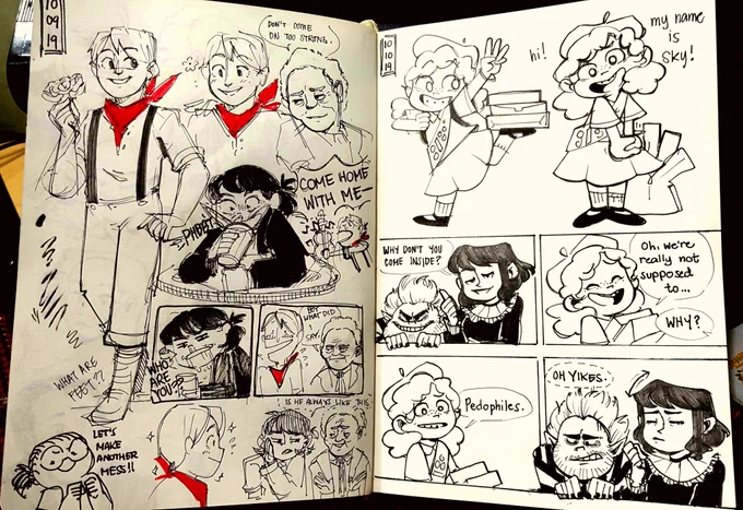 I fell back by a day to post, but you know what thats alright!! I'm happier that I got 3 full spreads done anyway! 

Here's Days 9 through 17 of #inktober2019!

(I'll post the individual pages and talk about them a little more under this tweet!) 