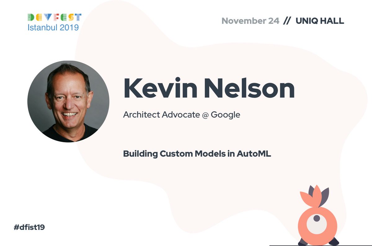 Here it is! 🥁 The first speaker of DevFest Istanbul 2019 is <a href="/knelsoncloud/">Kevin Nelson</a> 🤩 Kevin works as an Architect Advocate at <a href="/Google/">Google</a> and, He will be on the #dfist stage with his “Building Custom Models in AutoML” presentation. 🔥 Check out for more details! 👉🏻 devfest.istanbul