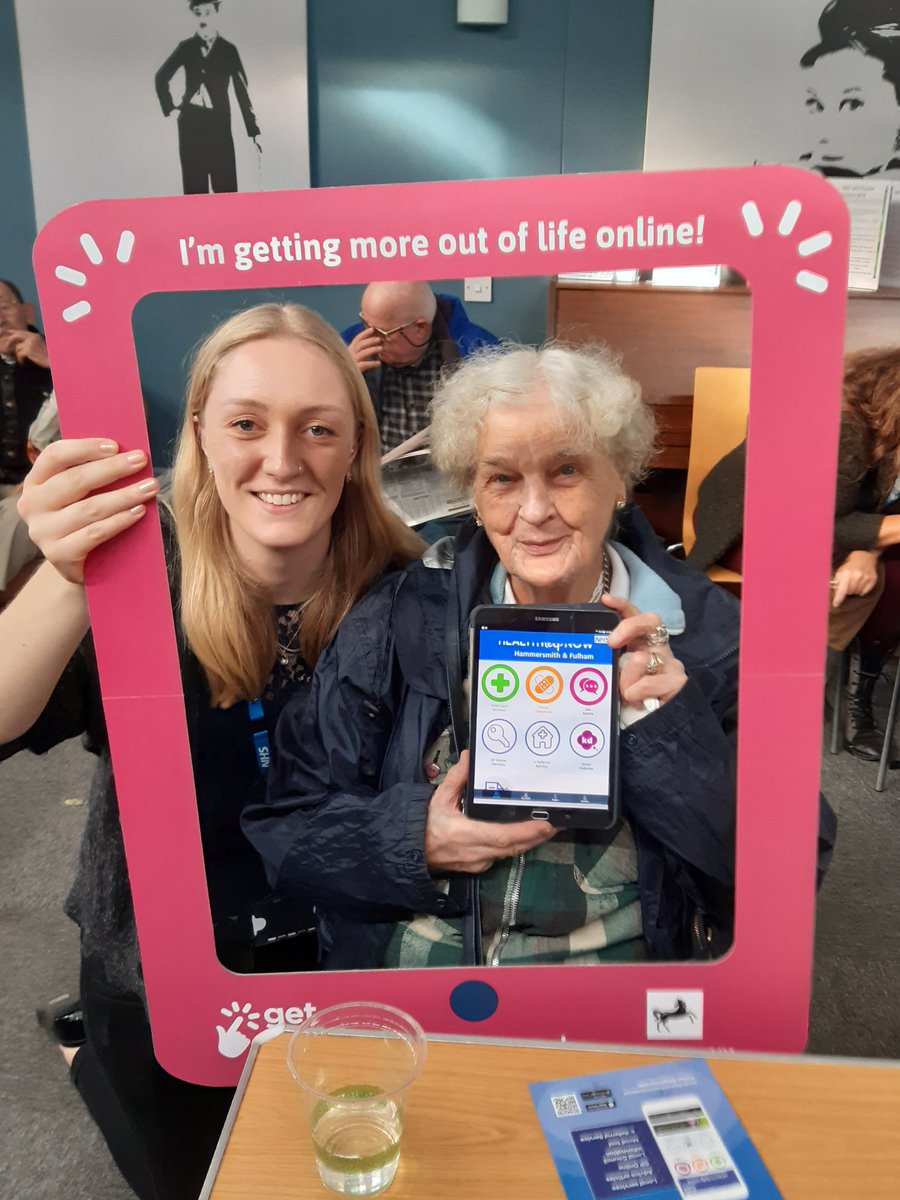 AgeUK client, Felicity, wanted to learn more about what she could use a tablet for, particularly for her health. 
@lucycolleer showed her the Health Help Now app, how to access the news and how to watch videos by using YouTube.  (Photo used w. permission).