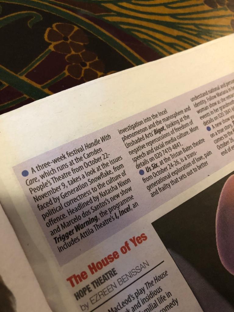 CamdenPT's tweet photo. Very nice little mention in @NewJournal for Handle With Care ft. #TRIGGERWARNING from @EurotrashTC, @AttilaTheatre's I, Incel  &amp; #BIGOT from @unshadedarts 

Check out more: https://t.co/QukJghTaVZ 

Only 5 days to go! 👀⏰🥳 https://t.co/FLDEQulO8G
