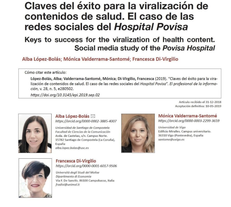 La estrategia de comunicación online de Povisa, analizada en el artículo "Claves del éxito para la viralización de contenidos de #salud. El caso de las redes sociales del Hospital Povisa", de <a href="/Albalopezb/">Alba López Bolás</a> y <a href="/monivalderrama/">ɐɯɐɹɹǝplɐʌᴉuoɯ</a> en la <a href="/revista_EPI/">Revista EPI</a>.

ow.ly/jUdc50wMvI9