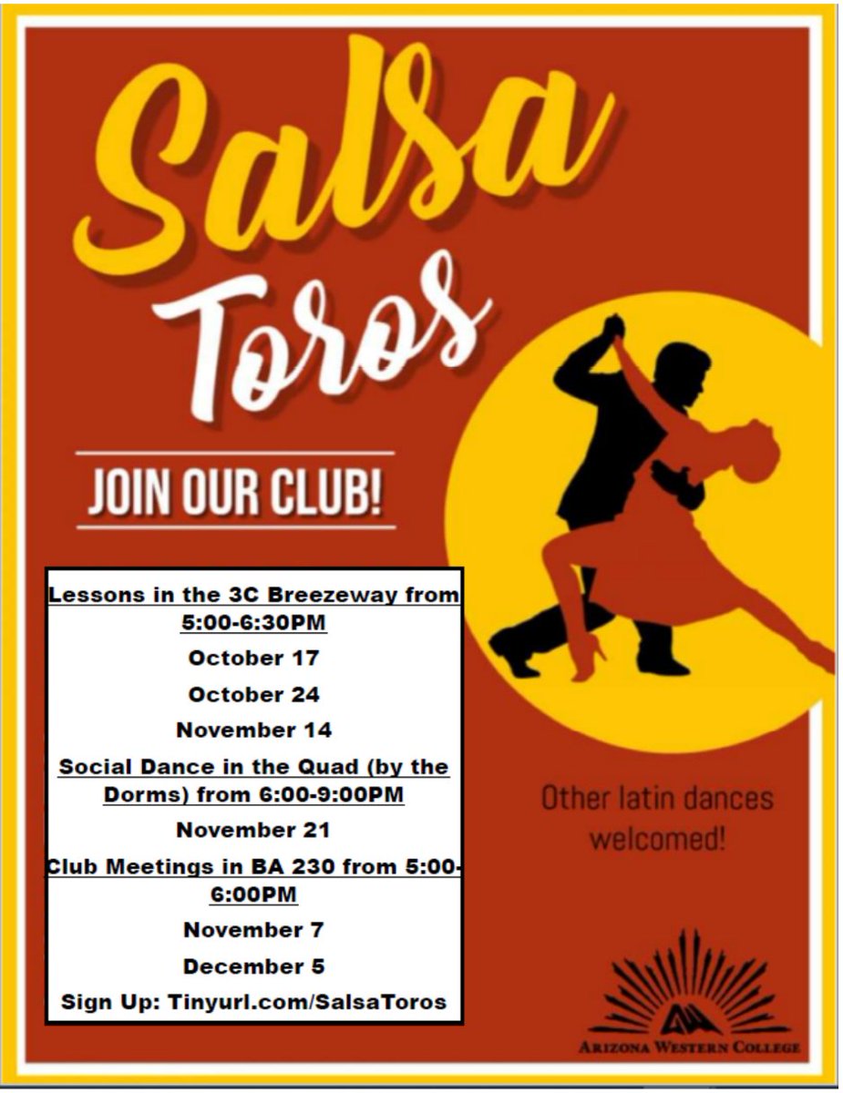 sarahsnyderphd's tweet photo. Hey, #SalsaToros! We have a salsa dancing lesson tonight! 3C Breezeway at 5PM! Exercise your body and mind at #AZWestern #Studentsfirst https://t.co/pNHx0iAKex