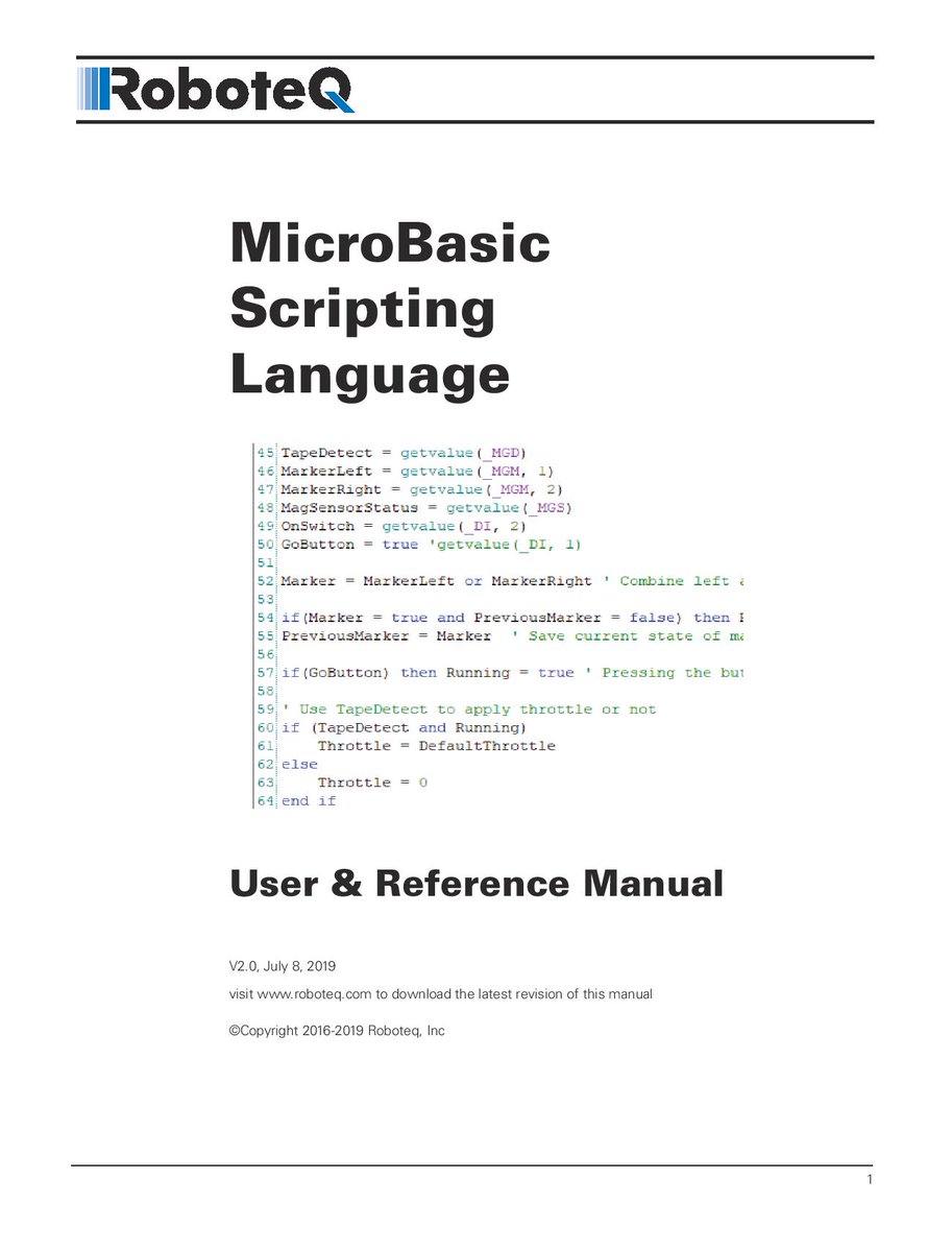 Scripting is one of our Motor Controller's most capable &amp; distinct features. It's used across all our non-motor-control products (Magnetic Guide Sensors, Battery Management System, etc). Documentation now in a dedicated Reference Manual bit.ly/microbasic-scr… 
#roboteq #robotics