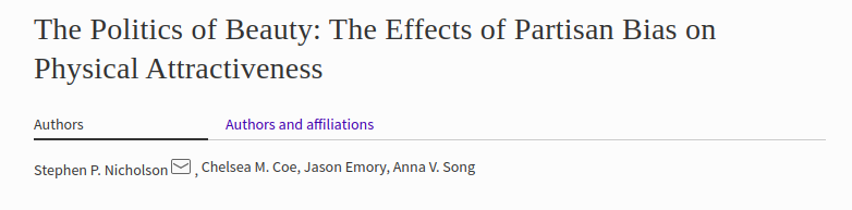  Ambos os sexos julgam como fisicamente menos atraentes os eleitores de candidatos diferentes do seu.As mulheres tendem a classificar como mais atraentes eleitores com semelhante preferência de candidato.Isso não se verifica nos homens. https://link.springer.com/article/10.1007/s11109-016-9339-7