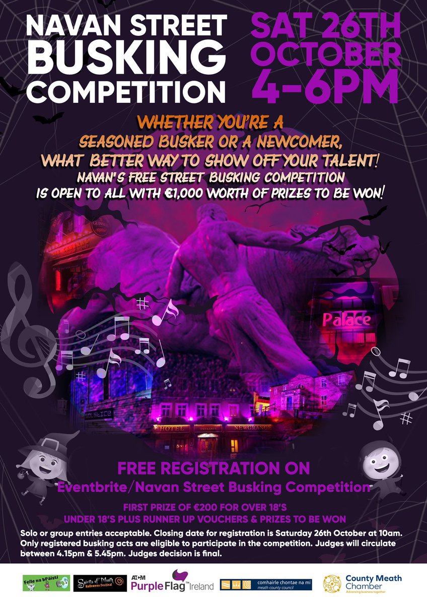 Navan’s Got Talent!! Have YOU?
💜#Navan Busking Competition
💜 €1,000 worth of Prizes*
💜 Saturday 26th Oct (4-6pm) 
💜 Open to ALL Ages &amp; Genres 
💜 FREE to Register. bit.ly/2Mj8HF2. #NavanPurpleFlag <a href="/love_navan/">LoveNavan</a> <a href="/meathcoco/">Meath County Council</a> #MeathChamber #halloween2019 
*T&amp;C’s Apply