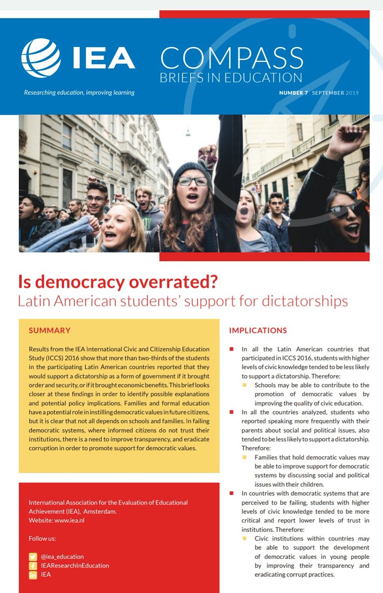 More than 2/3 of the 8th graders in #Chile, #Colombia, #Mexico, #Peru &amp; #DominicanRepublic would support a #Dictatorship if it brings economic development and security.

What are the explanations and policy implications of this finding?

#PolicyBrief

iea.nl/sites/default/…