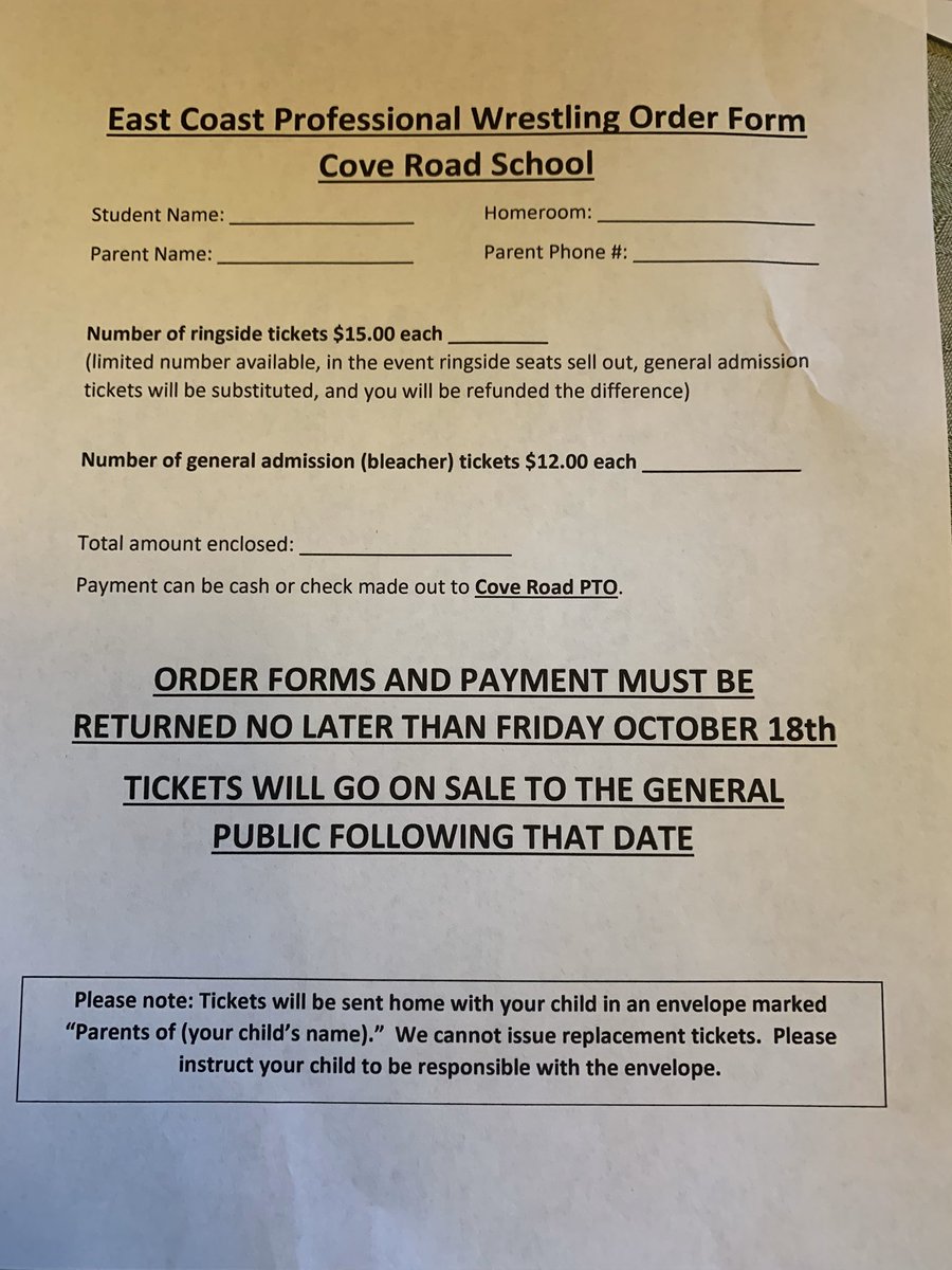 Reminder:  tomorrow is the last day to send in your Wrestling ticket Pre-order.  Tickets will go on sale to the general public on Monday.