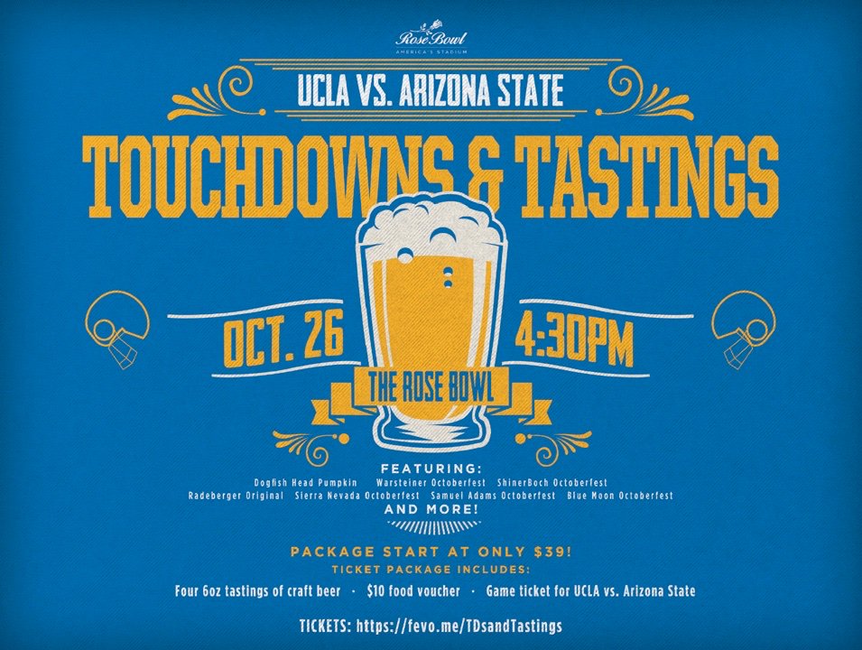 It doesn't get much better than #UCLA football and craft beer tastings starting at just $39! Come out to the #rosebowl next Saturday for a whole new way to tailgate! Grab your tasting and #Bruins ticket combo here: bit.ly/32plOtZ #GoBruins