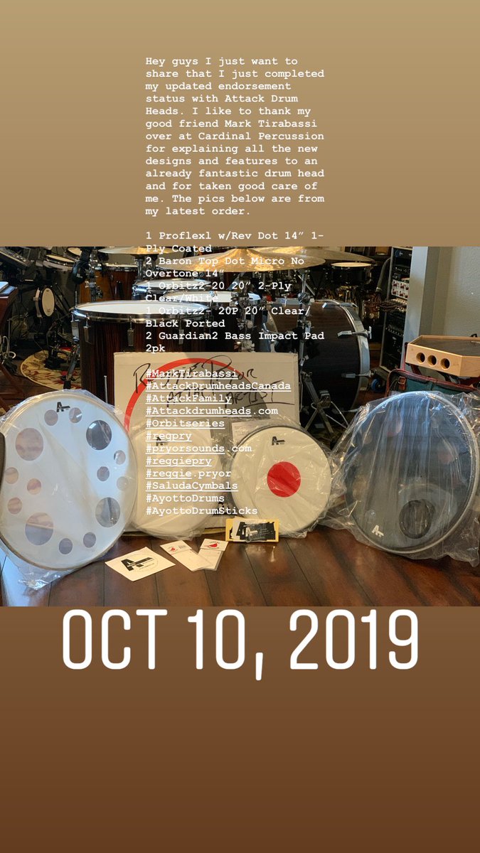 reggiepryor's tweet photo. Hey guys I just want to share that I just completed my updated endorsement status with Attack Drum Heads. I like to thank my good friend #MarkTirabassi over at #CardinalPercussion The pics below are from my latest order. https://t.co/MV2g6L4yQ4