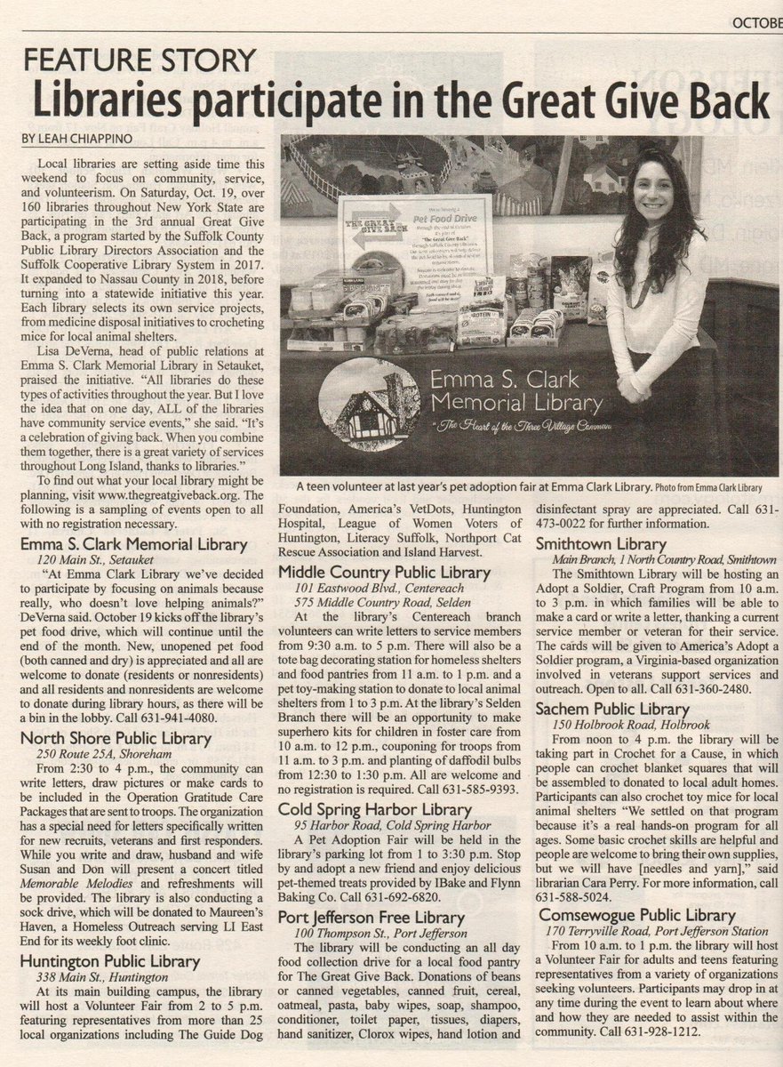 Escml's tweet photo. Wonderful article in today's @TBRNewsMedia about #TheGreatGiveBack!๐@NSPLibrary @HuntLibNY @MiddleCountryPL @CSH_Library @PortJeffLibrary @SmithLibRef @sachemlibrary @comslib #GreatGiveBack #TGGB #LibraryGGB #LibrariesGiveBack #Volunteer #CommunityService #PetFoodDrive https://t.co/36BsA7Uy7e