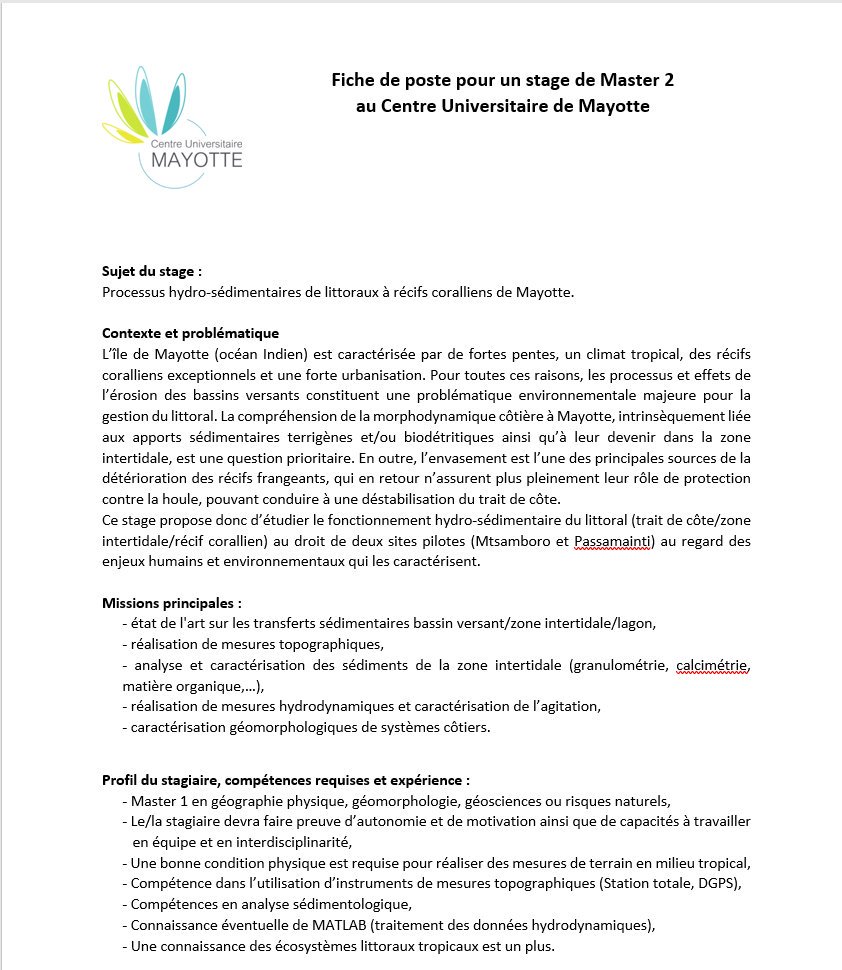 cryptoTr001's tweet photo. Publication d'une proposition de Master 2 au Centre Universitaire de Mayotte. Master's work proposal reef sediments #morphodynamique #recifs #Mayotte @ICRI_Coral_Reef @coral_org @reefscom @criobe_pf @UnivMarines @UBO_UnivBrest @UBS_universite https://t.co/sXzA6hUTDG