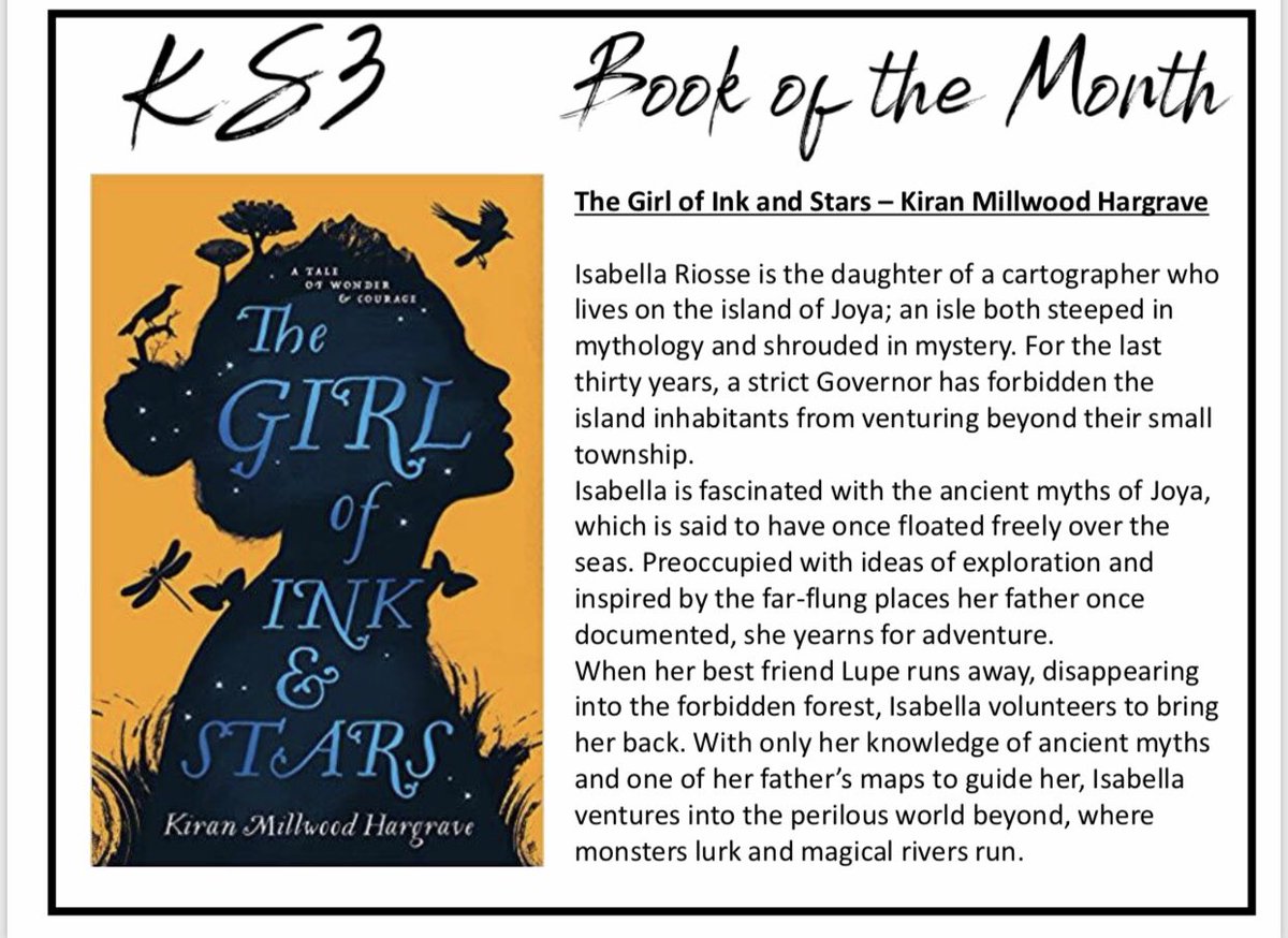FGS_Eng's tweet photo. This edition of the #bookofthemonth includes ‘The Girl of Ink and Stars’ by @Kiran_MH and ‘A Blade so Black’ by @ElleOnWords both books are inspiration, action packed and round off school’s #BlackHistoryMonth2019 nicely! #readingforpleasure https://t.co/vXjYbH6VSY