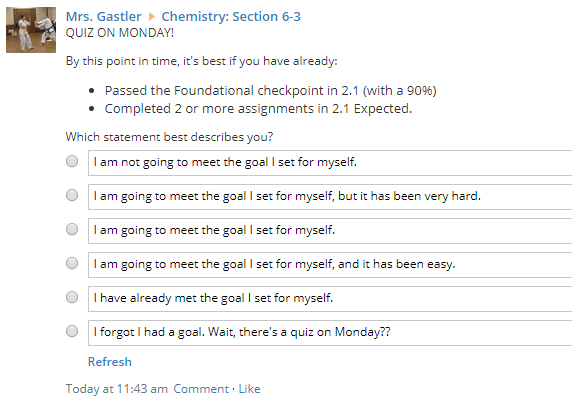 I discovered polls on the Updates page in <a href="/Schoology/">Schoology</a>. Now its my new favorite way to 1) get information to my students and 2) get information from them.