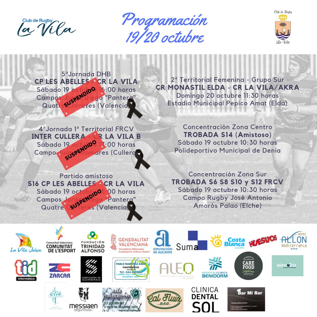 Se suspenden los partidos del senior A (DHB CP Les Abelles vs CR La Vila) B  (1ª Territorial Inter Cullera vs CR La Vila) y S16 (CP Les Abelles vs CR La Vila) que se iban a jugar en Valencia debido al fallecimiento de Bruno René Villalba. El resto de partidos se jugarán
