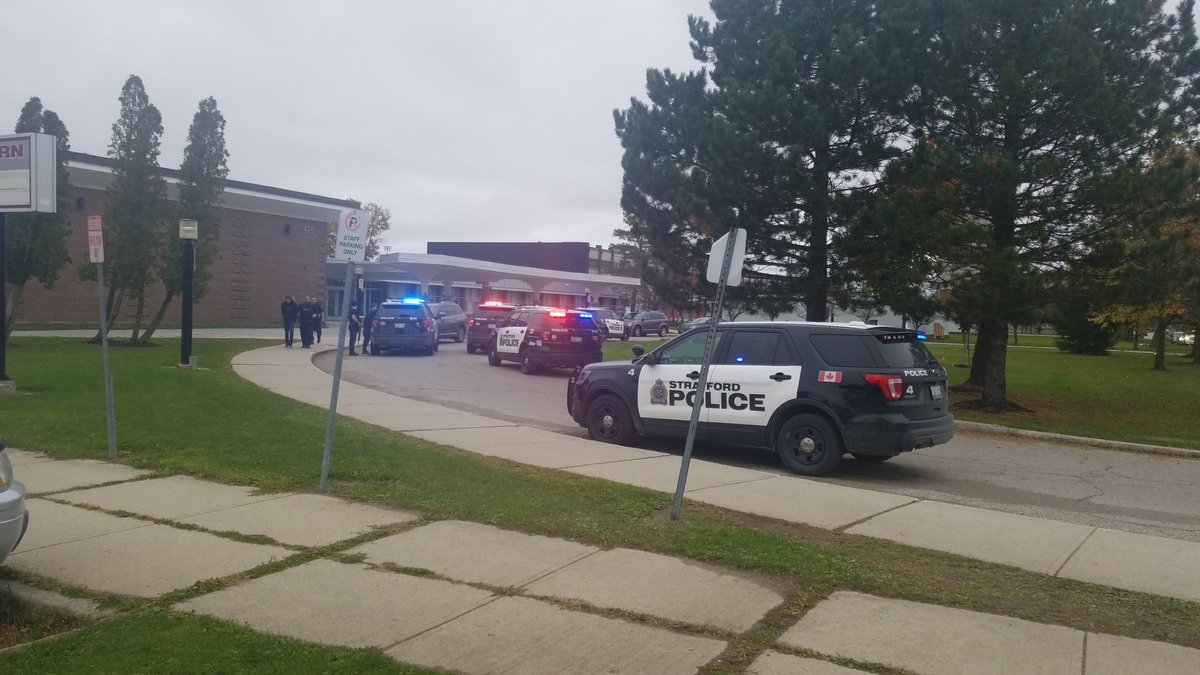 thebeaconherald's tweet photo. Stratford police have brought out two males in handcuffs after responding to a person with a gun call at Stratford secondary and elementary school Thursday afternoon. The school is in lockdown. https://t.co/o5MWBUNtPx