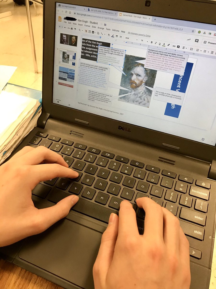 involvedlearner's tweet photo. Ms Kidwell teaching Ss how to use @GoogleSlides as📓while reading actual letters written by VanGogh. Ss pasted phrases onto VG self-portrait (Ss selected): inferring meaning and tapping into background knowledge! 🙌🏼 #impactOC #TeamOldham #OldhamDLN https://t.co/EKs0DEAEHw