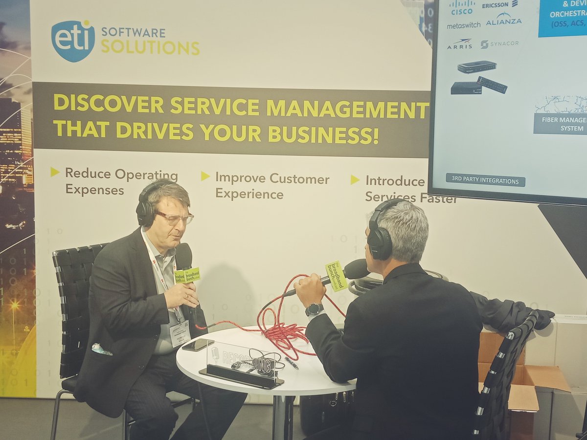 ETI_Software's tweet photo. At BBWF @ETI_Software's VP, Peter Pizzutillo speaking with Robin Mersh, CEO of @Broadband_Forum about standards, interoperability, and cooperation.  Full podcast coming soon, Stayed Tuned!
#BBWorldForum #ETISoftware #5G #telecomsoftware #broadbandprovisioning #vision360software https://t.co/UyVl2NAoh1