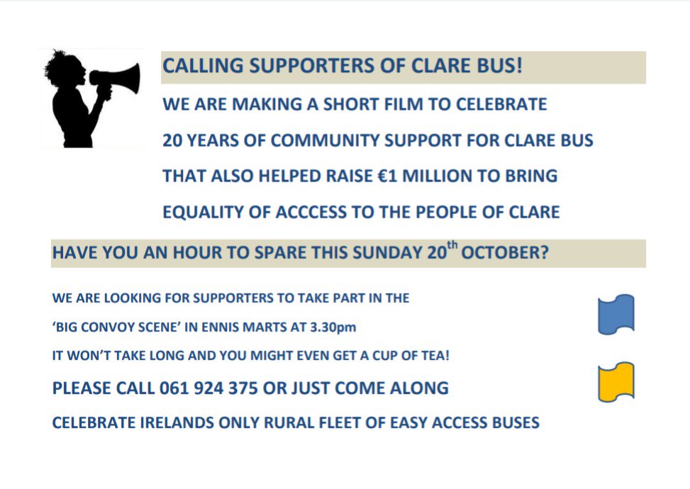 Come &amp; celebrate 20 years of #community in action this Sunday! We're filming a short video 2 celebrate all that #ClareBus has achieved &amp; we'd love YOU 2 join us! Bring a friend or 2, there will be a to a cuppa to share the good times together after the final 'shoot' ! 📣📽️🎬🎥🎬