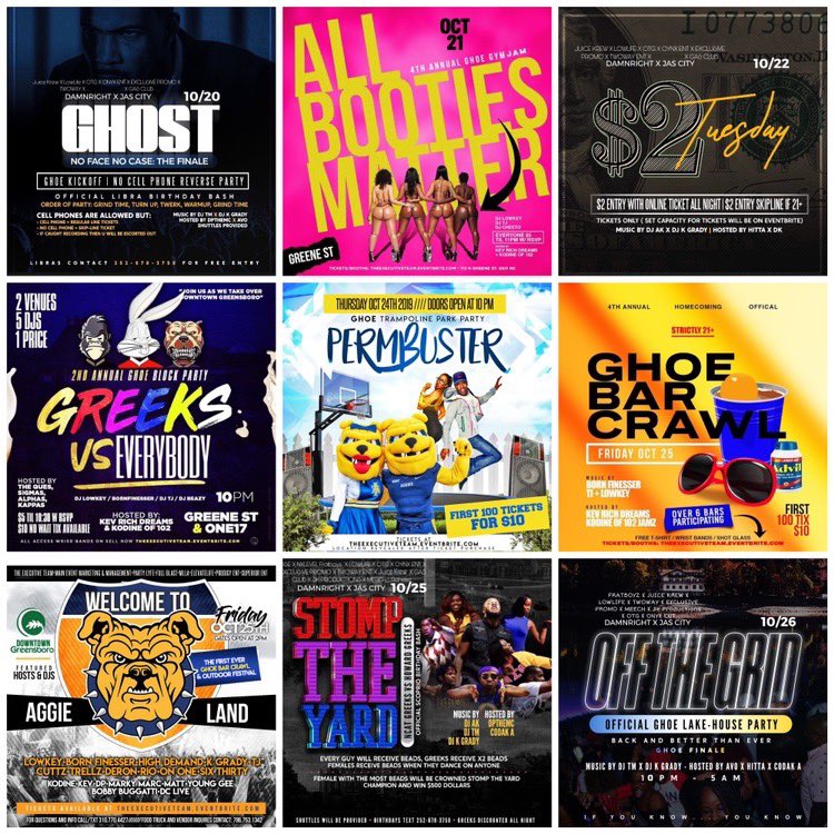 Hermosa_Reina2's tweet photo. @WSSUJUICEKREW #GHOE MOVES

STARTS THIS SUNDAY 😈

10/20 #NOFACENOCASE #GHOEKICKOFF 

10/21 #GHOEGYMJAM 

10/22 #TWODOLLARTUESDAY

10/23 #GHOEBLOCKPARTY

10/24 #PERMBUSTER

FRIDAY DAY 10/25 #GHOEBARCRAWL &amp; #WELCOMETOAGGIELAND 

FRIDAY NIGHT 10/25 #STOMPTHEYARD 

10/26 #LAKEHOUSE https://t.co/ByBA6L5AOP