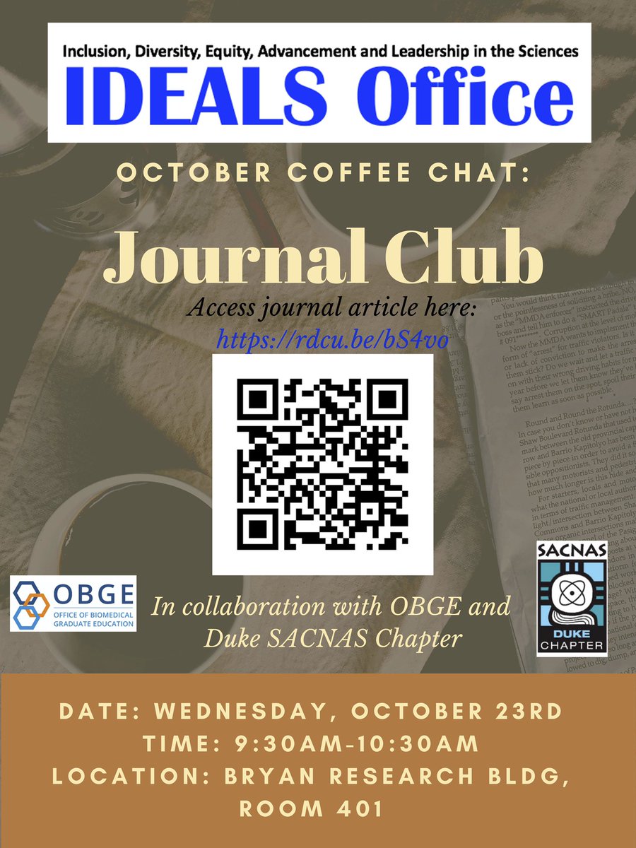 We’re excited to announce that we’re partnering with the IDEALS Office and <a href="/DukeObge/">Duke-OBGE</a> to host a journal club coffee chat! We’ll be discussing recent literature on diversity and inclusion in STEM. Please find that article here: rdcu.be/bS4vo. We hope to see you there!